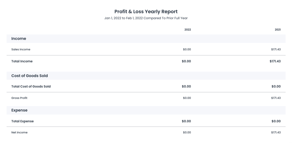 Profit and loss yearly report
