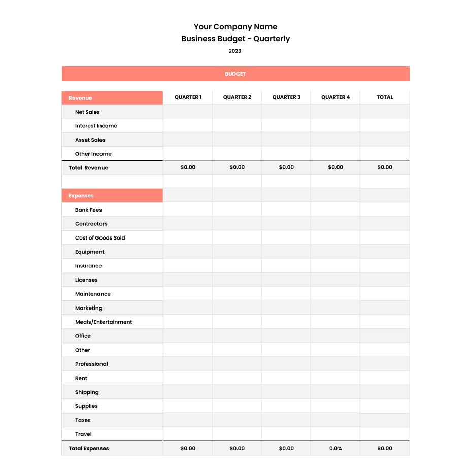 business budget excel template